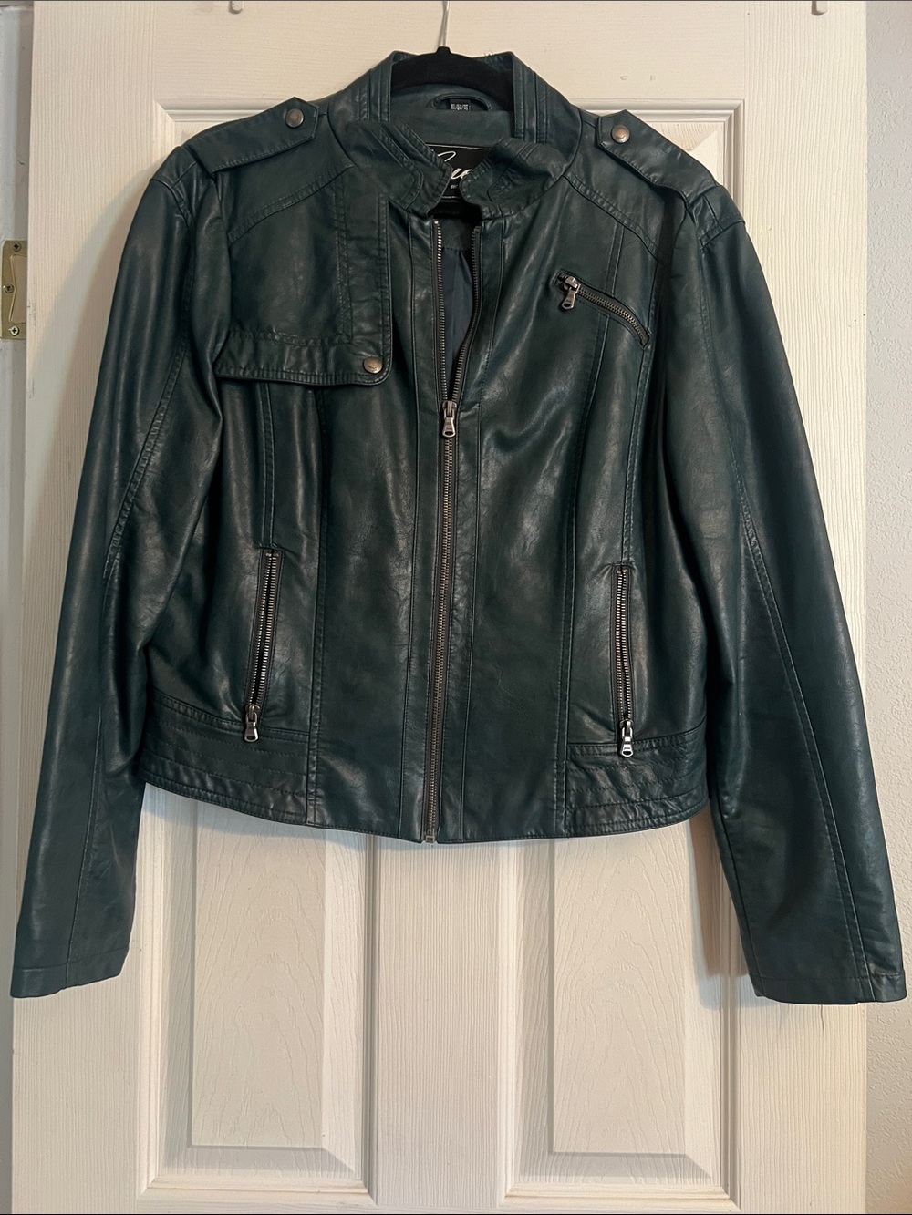 Guess Women's Dark Green Faux Leather Moto Jacket
